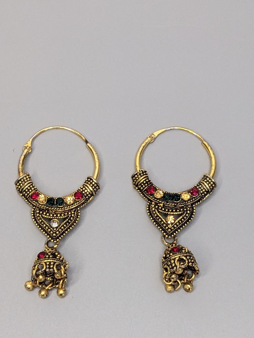 Gold Tone Jhumka Earrings Multicolor Stone Indian Style Festival Jewelry